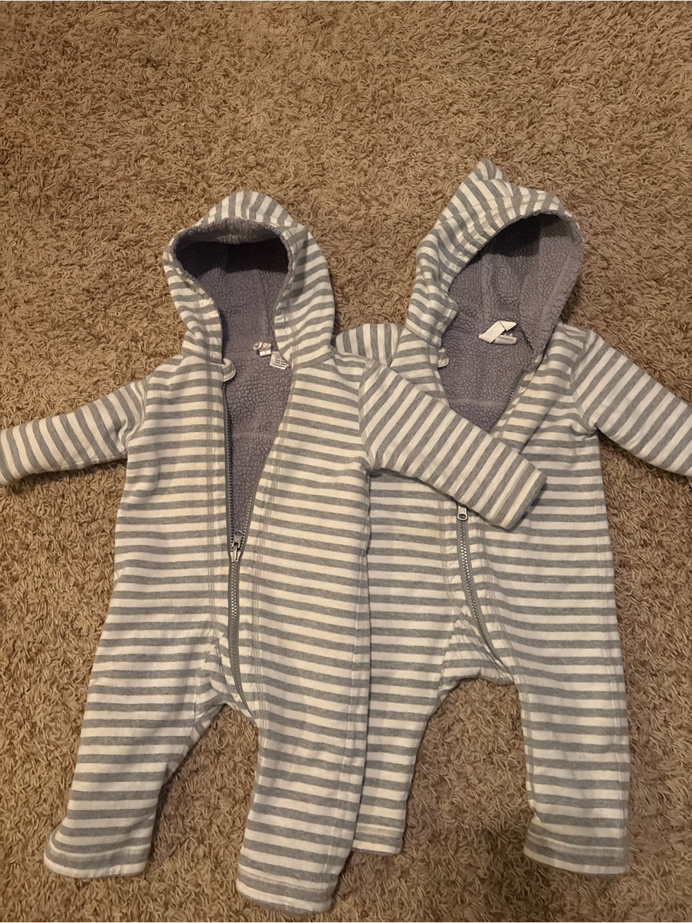 Hanna Andersson Gray and White Striped Hooded One-Piece Footie